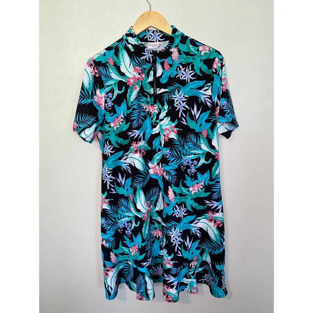 Tommy Bahama floral print golf/tennis dress quarter-zip closure ruffle hem SZ L
